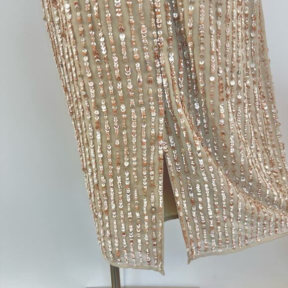 Mac Duggal Sequin Sleeveless Sheath Midi Cocktail Dress in Beige Rose Gold 8 - Picture 12 of 14